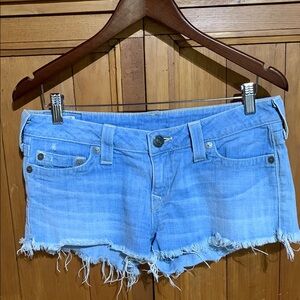 True Religion Blue Jean Shorts Frayed Hem